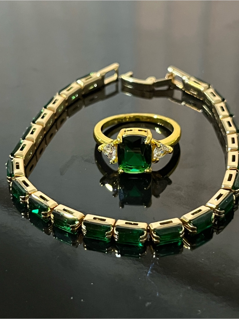 14k Gold Plated Emerald Green Tennis Bracelet and Ring Set